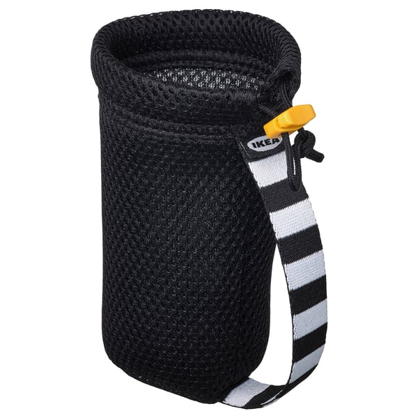 HOPTRASSLA black mesh bottle holder, adjustable, stripe strap, carries bottles and phones.