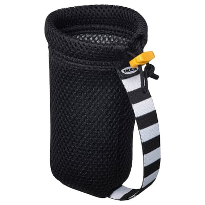 HOPTRASSLA black mesh bottle holder, adjustable, stripe strap, carries bottles and phones.