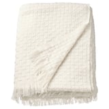 Ikea HORNMAL ivory throw with fringes, textured basket-weave design, made from recycled polyester.