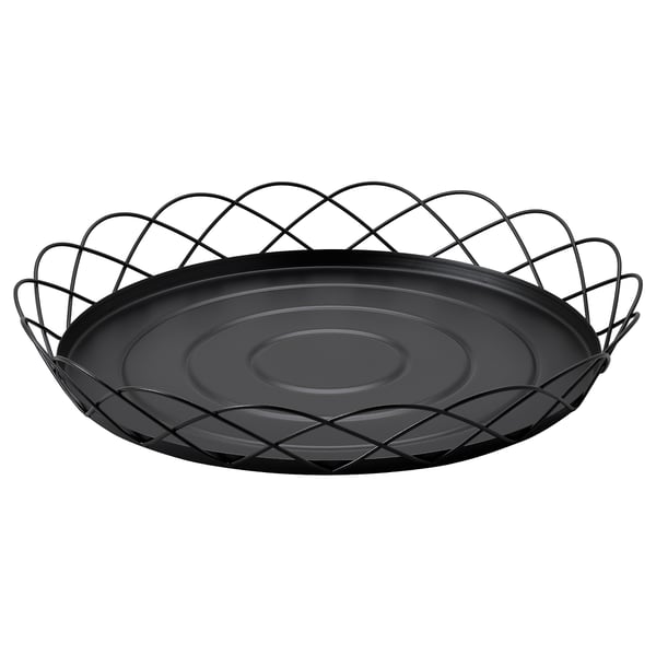Round, black metal tray with wavy, crisscross edges, part of HÖSTAGILLE collection.