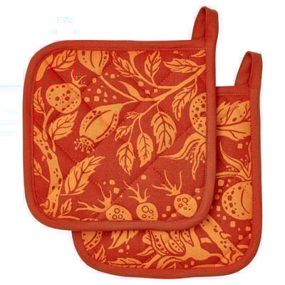 HÖSTAGILLE red potholders, featuring fall leaf designs, square shape, insulated, 100% cotton with polyester filling.