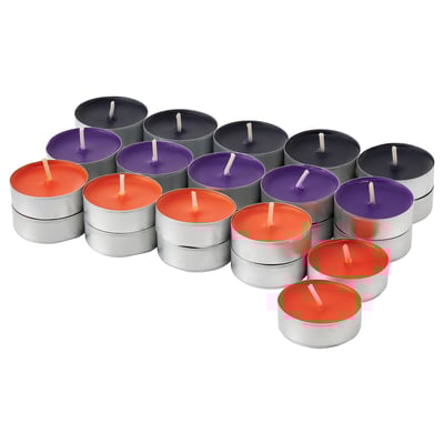 Colorful scented tealights: 18 plant-based candles in aluminum cups.