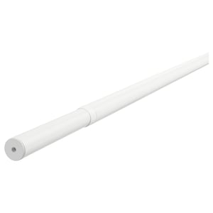 A white HUGAD adjustable metal curtain rod in a cylindrical shape, made of steel with a powder coat finish.