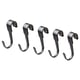 Four black metal s-hooks lined up. Used for hanging items.