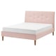 IDANÄS bed: pink, soft, tufted headboard, wooden legs, minimalist design.