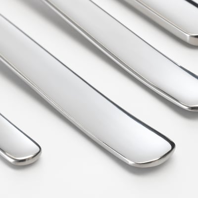 IKEA 365+ cutlery set: fork, knife, large spoon, small spoon. Sleek, stainless steel design, simple and practical.