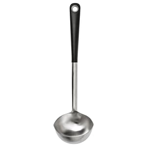 A black-handled, stainless steel IKEA 365+ HJÄLTE ladle with a round bowl and a comfortable grip.