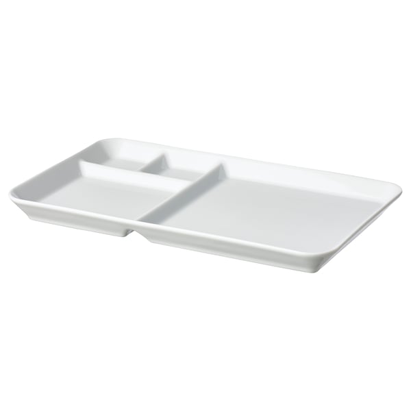 IKEA 365+ white rectangular porcelain serving tray with two compartments.