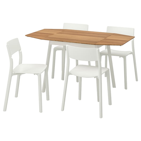 White IKEA PS 2012 dining set, bamboo tabletop, four plastic chairs.