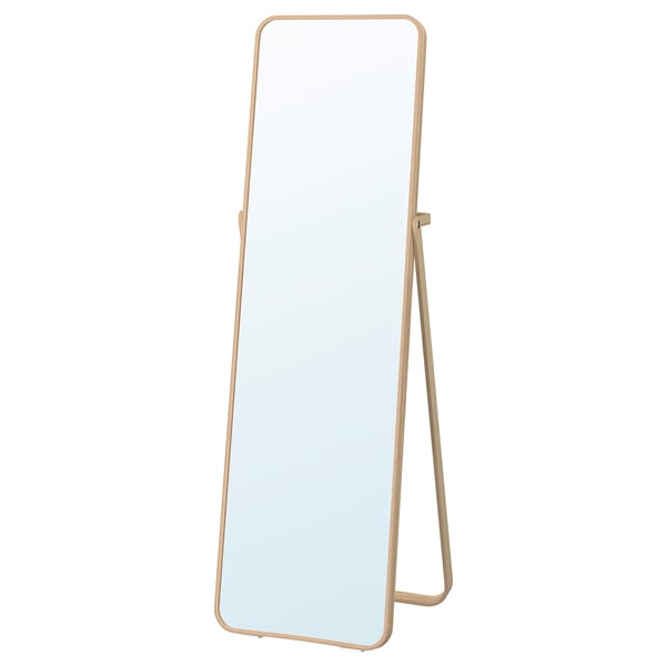 Ikorennes mirror: wooden-framed leaning mirror in ash veneer, rectangular shape, soft edges, suitable for various rooms and bathrooms.