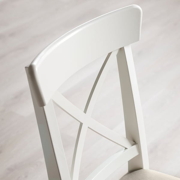 Close-up of INGATORP chairs sturdy, painted wooden back and cushion seat, showcasing its comfortable and contemporary design.