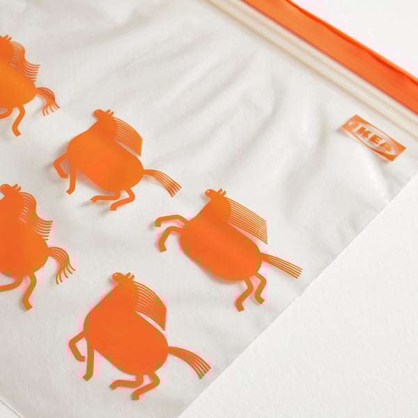 A transparent zipper bag with orange horse designs, featuring a sleek and durable edge, indicating high-quality material.