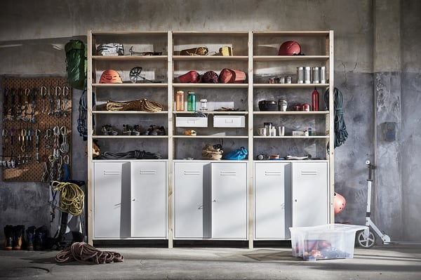 IVAR storage combo: white, steel & pine shelves and cabinets for garage or living room.