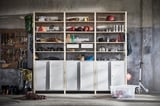 IVAR storage combo: white, steel & pine shelves and cabinets for garage or living room.