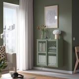 Green mesh cabinet with lamp, vase of tulips, art.