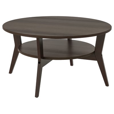JAKOBSFORS coffee table, dark brown, round, wooden with veneer finish, sleek design, four slanted legs, lower storage shelf.