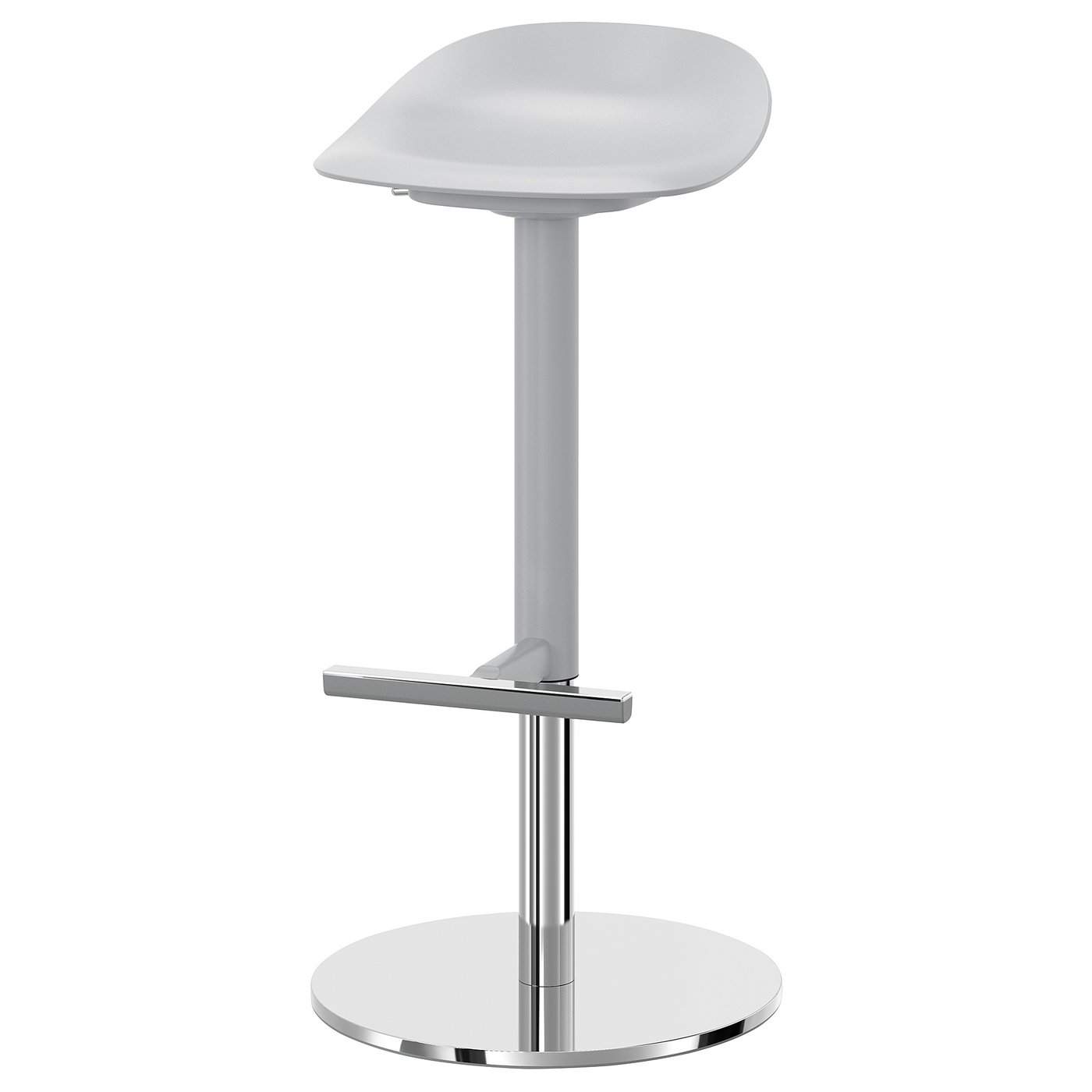 Grey modern adjustable bar stool with chrome base and curved seat.