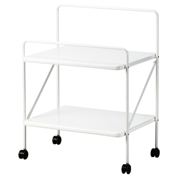 White JÄRLÅSA side table with wheels, two shelves, steel, epoxy finish, and black castors.
