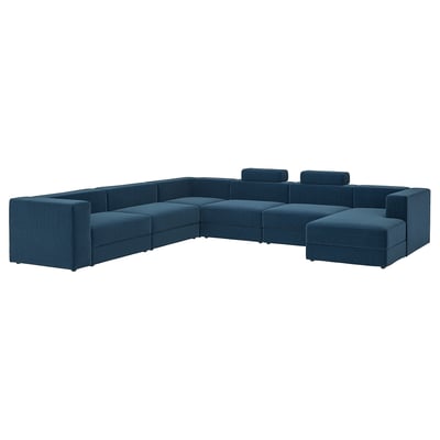 JÄTTEBO U-shaped sofa, 7-seat, with chaise longue, right with headrests/Samsala dark blue