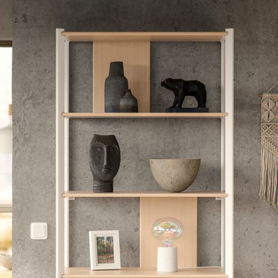 JÄTTESTA wooden shelf with bamboo shelves, white frame, holding decorative vases, bear statue, bowl, and framed picture.