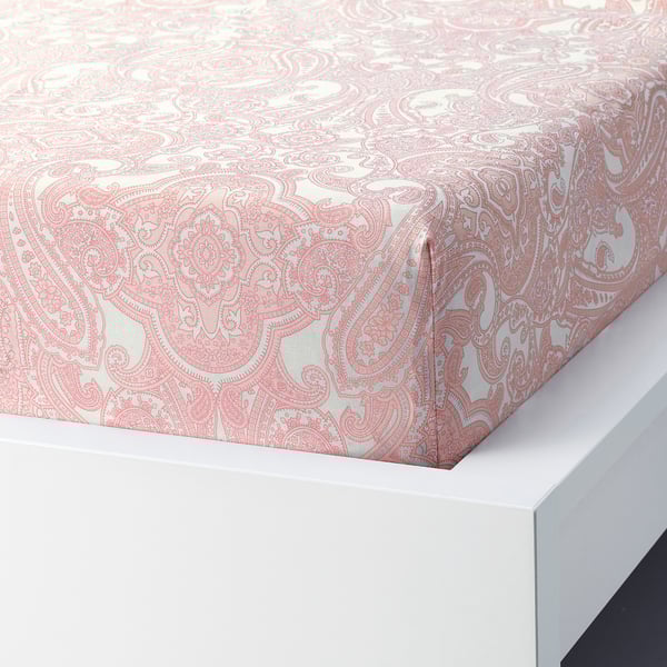 JÄTTEVALLMO Fitted sheet, white/pink, 160x200 cm