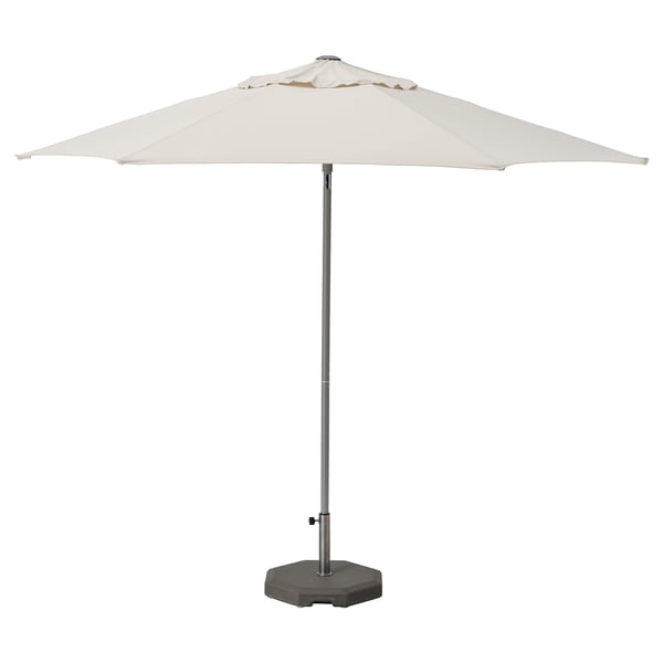 JOGGESÖ ivory patio umbrella, adjustable, aluminium pole, polyester canopy, stands on concrete base.