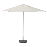 JOGGESÖ ivory patio umbrella, adjustable, aluminium pole, polyester canopy, stands on concrete base.