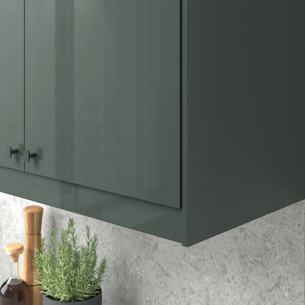 Green high-gloss cabinet with handles, plant, pepper grinder on countertop.