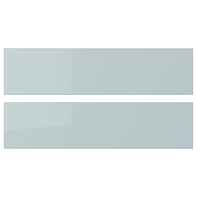 Two sleek, modern, high-gloss grey-blue KALLARP drawer fronts, rectangular with clean lines and eco-friendly recycled material.
