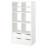 A white ikea KALLAX shelving unit with a mix of shelves and drawers.