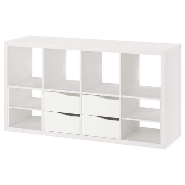KALLAX white cube shelf, modular storage unit with varied compartments.