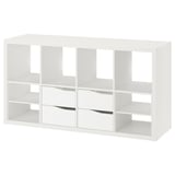 KALLAX white cube shelf, modular storage unit with varied compartments.