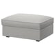 KIVIK footstool in grey fabric, rectangular with black legs, soft and machine washable cover.