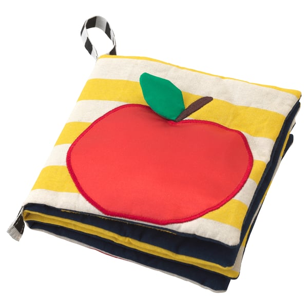 KLAPPA baby book, red apple design, striped yellow and white cover, soft material, square shape, with leaf detail.