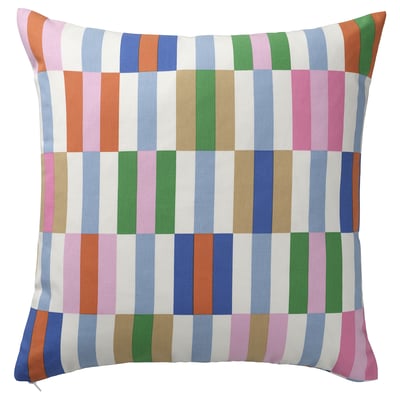 KLIBBKORSÖRT pillow, brightly striped, multi-colored squares on white, square-shaped, zip closure.