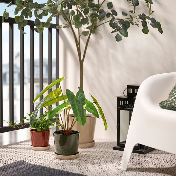Three potted plants on table: red, green, large. White chair with green pillow nearby, near black railing.