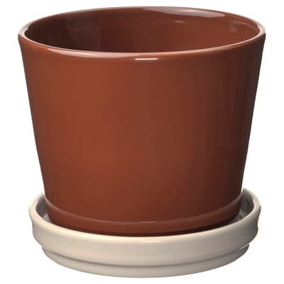 KLOTLÖNN: brown ceramic planter with white saucer, cylindrical shape.