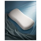 Ergonomic memory foam pillow with gel layer on blue bed.