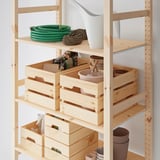 Wooden KNAGGLIG storage box with tools, hose, pots, and vases; light brown, medium size, rectangular, with handles.