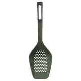 Green silicone slotted spatula; ergonomic handle, holes for draining.