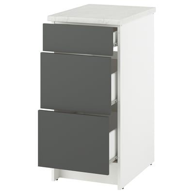 KNOXHULT white base cabinet with 3 dark grey drawers, marble top; modern, organized kitchen storage.