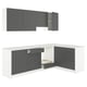 Option: Modern l-shaped kitchen with dark grey & white finishes, marble worktop, efficient storage.