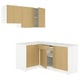Option: KNOXHULT l-shaped kitchen: light wood, white marble top, open cabinets, organized storage.