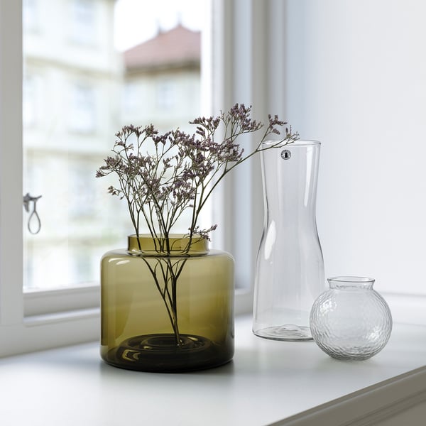KONSTFULL vase: amber glass, wide, holds flowers, sits on windowsill near clear vases.