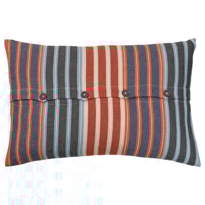 Dark blue & red striped cushion cover by KORALLBUSKE. Made from recycled materials, slightly coarse but soft.