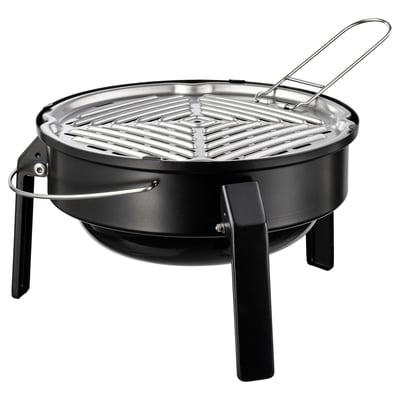 KORPÖN portable charcoal grill, black w/stainless steel, foldable legs for transport.