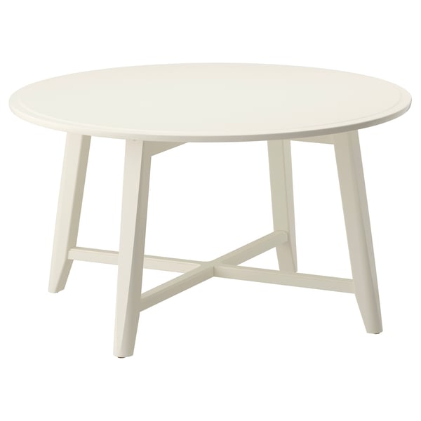 A KRAGSTA round white coffee table with a smooth top and sturdy white legs.