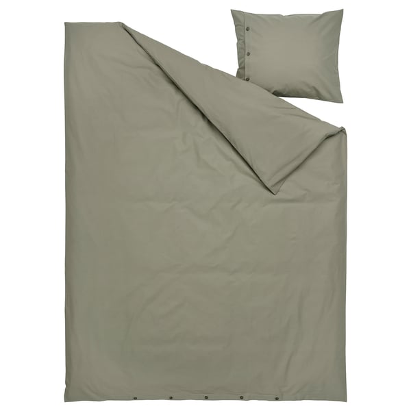KRÅKRISMOTT duvet & pillow in earthy light green, made from cotton and viscose.