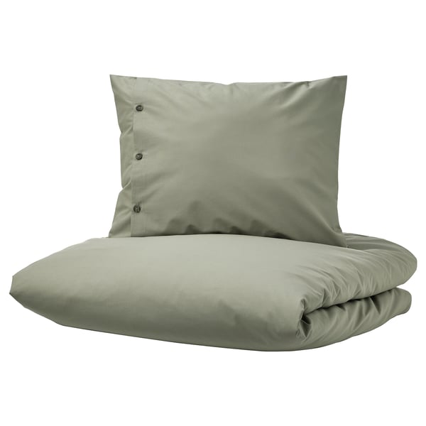 KRÅKRISMOTT duvet & pillowcase in earthy green, made from sustainable cotton/viscose blend, button closure, rectangular shape.
