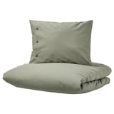 KRÅKRISMOTT duvet & pillowcase in earthy green, made from sustainable cotton/viscose blend, button closure, rectangular shape.